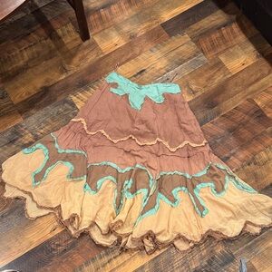 Brown and Tan Women's Skirt with Green Accents